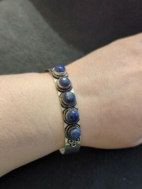 Silver Plated Blue Lapis Lazuli Gemstone Flexible Cuff Statement Bracelet